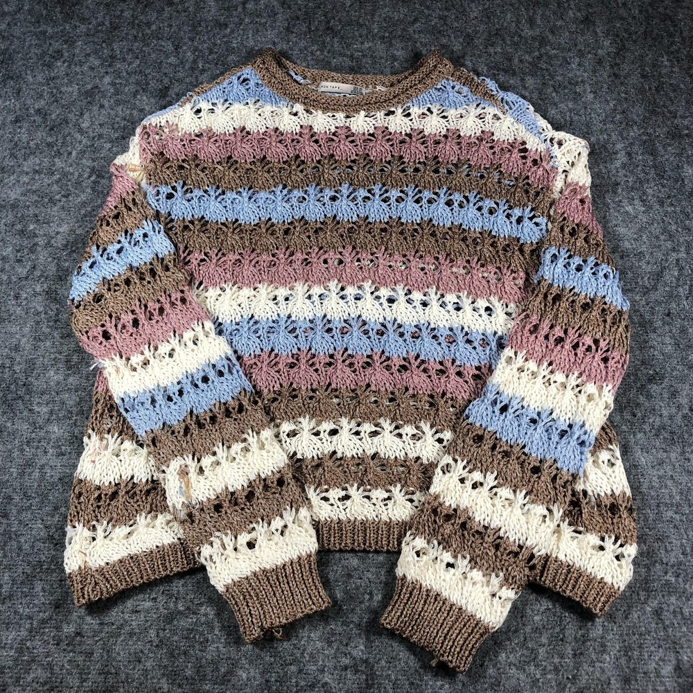 Black Tape Sweater Womens XS Brown Cream Blue Pink Open Knit Crochet Striped